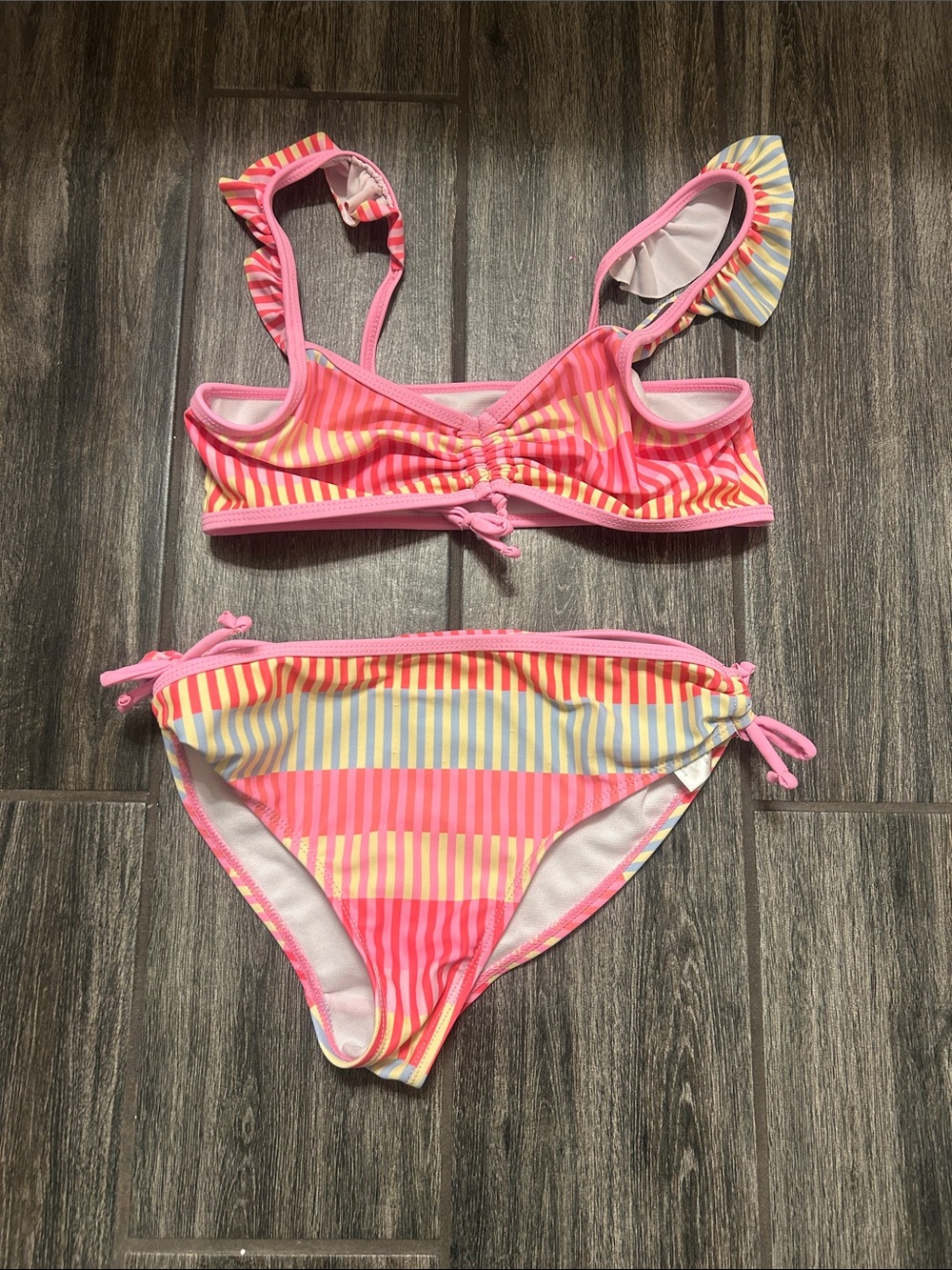 Juicy Couture Pink, Yellow & Blue Striped Ruffle Bikini Set